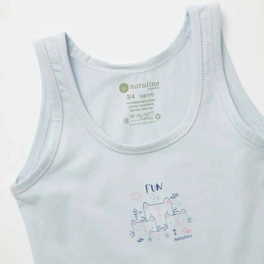 Natuline Organik Kız Bebek Atleti Likralı Fun Cat 2li Açık Mavi - Ekru - 15