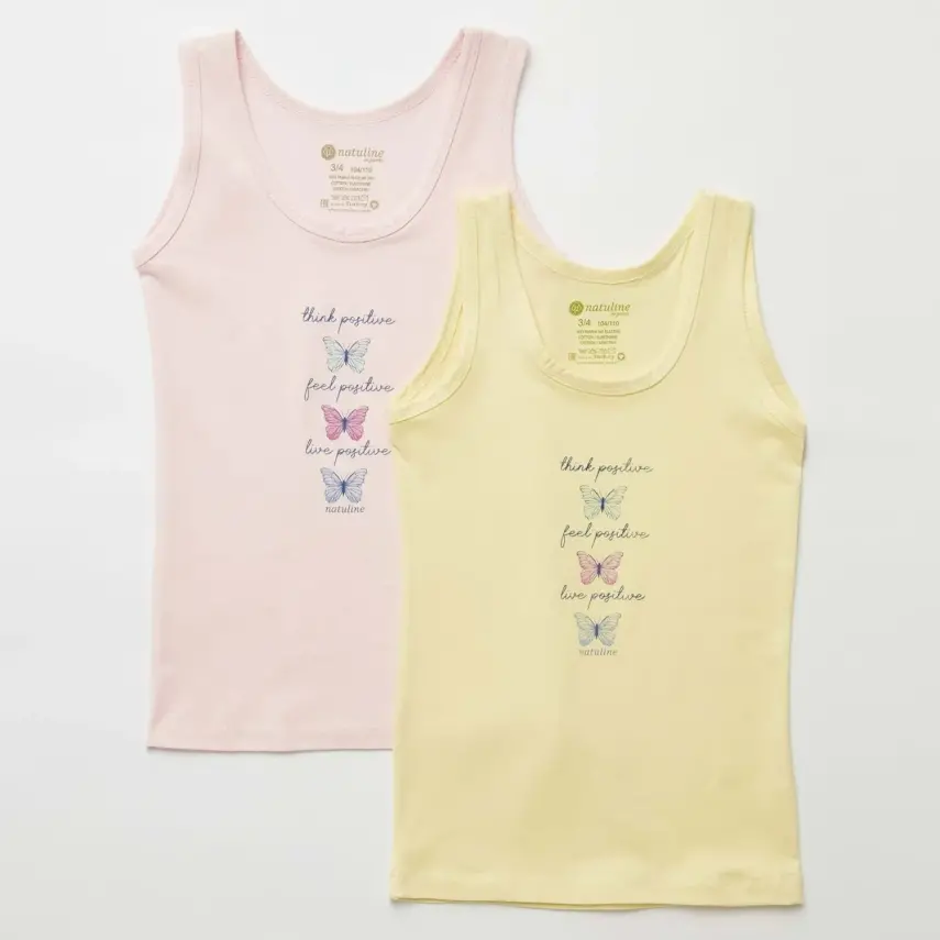 Natuline Organik Kız Bebek Atleti likralı Positive Butterfly 2li Pembe - Sarı - 1