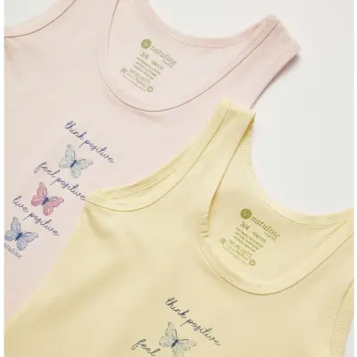 Natuline Organik Kız Bebek Atleti likralı Positive Butterfly 2li Pembe - Sarı - 2