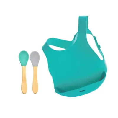 OiOi Mama Önlüğü Aqua Green, OiOi Mama Kaşığı 2li Aqua Green - Powder Grey 