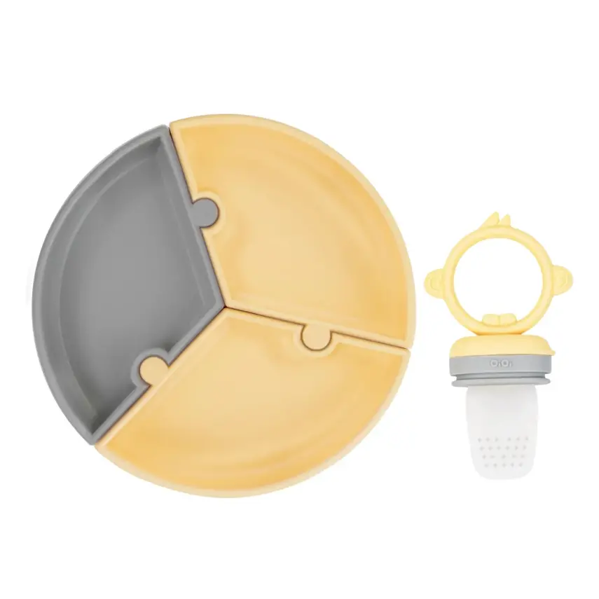 OiOi Püre Meyve Ve Sebze Alıştırıcı ,OiOi Puzzle Vakumlu Mama Tabağı  Mellow Yellow - Powder Grey - 1