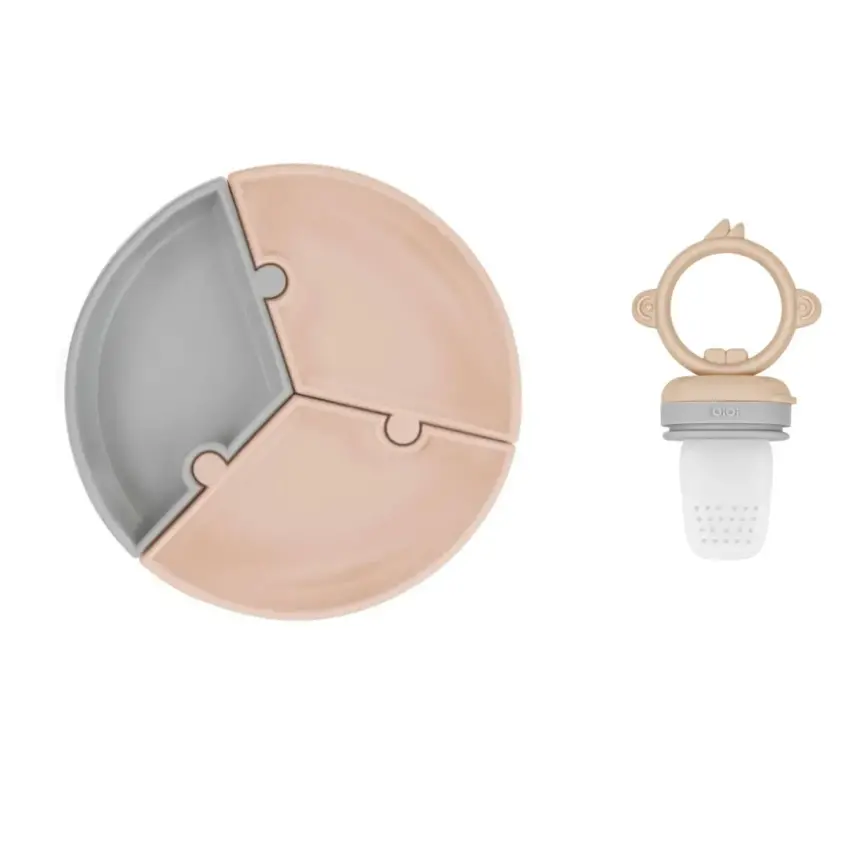 OiOi Puzzle Vakumlu Mama Tabağı, OiOi Püre Meyve Ve Sebze Alıştırıcı Bubble Beige - Powder Grey - 1