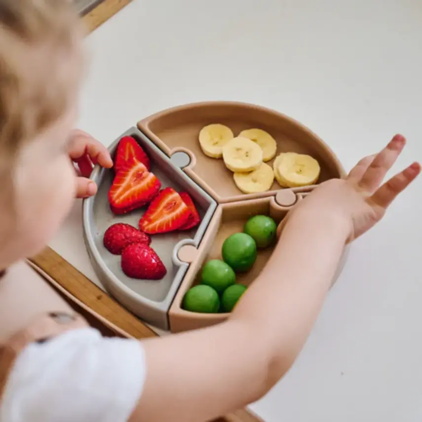 Oioi Puzzle Vakumlu Mama Tabağı+Nam Nam Mama Kaşığı Aqua Green-Powder Grey - 4