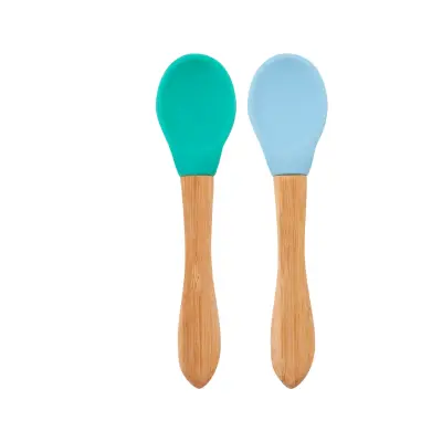 OiOi Silikon Mama Kaşığı 2'li Bambu Saplı Aqua Green/Mineral Blue 