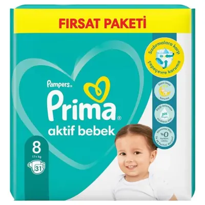 Prima Aktif Bebek Bezi 8 Beden 17+ Kg 31'li Fırsat Paketi