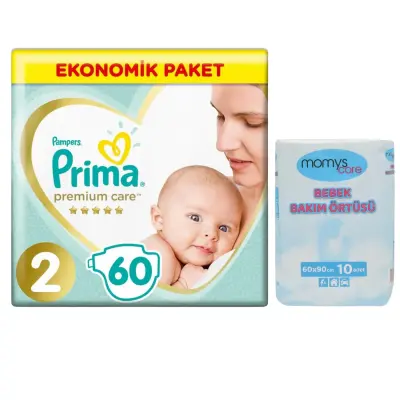 Prima Premium Care 2 Beden 60lı  Bebek Bezi ve Momys Care Bebek Bakım Örtüsü 10lu 