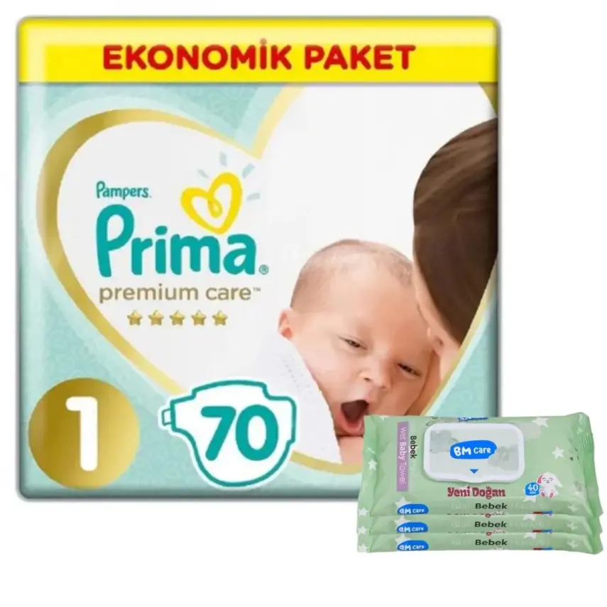 Prima Premium Care Bebek Bezi 1 Beden Yenidoğan 70Li Ekonomik Yenidoğan Islak Mendilli Avantaj Paket - 1