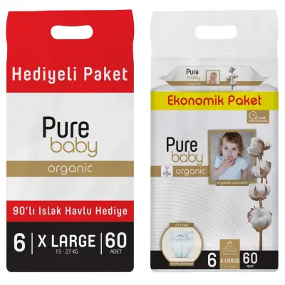 Pure Baby Organik Bebek Bezi 6 Beden XL 60lı Islak Mendil Hediyeli