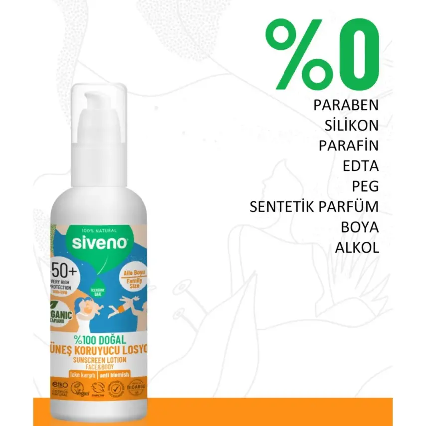 Siveno %100 Doğal Tüm Aile İçin Güneş Losyonu 50 SPF 100ml - 9