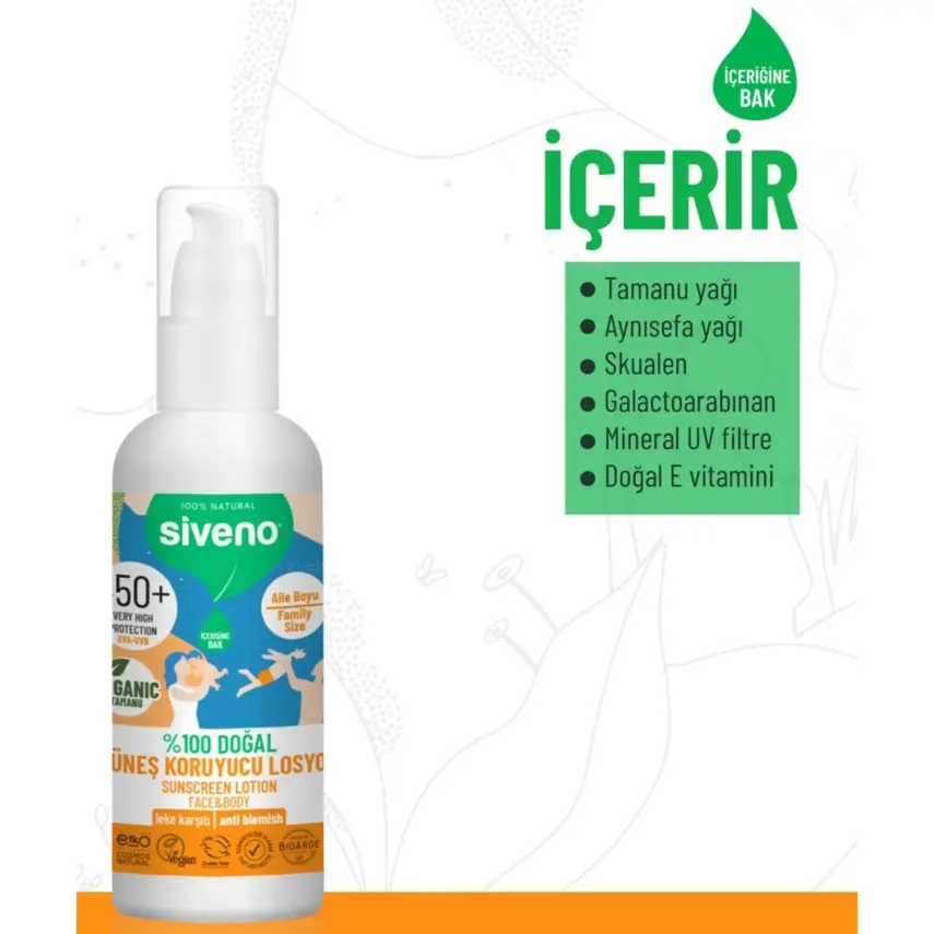 Siveno %100 Doğal Tüm Aile İçin Güneş Losyonu 50 SPF 100ml - 10