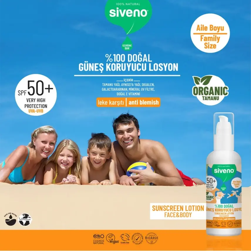 Siveno %100 Doğal Tüm Aile İçin Güneş Losyonu 50 SPF 100ml - 12