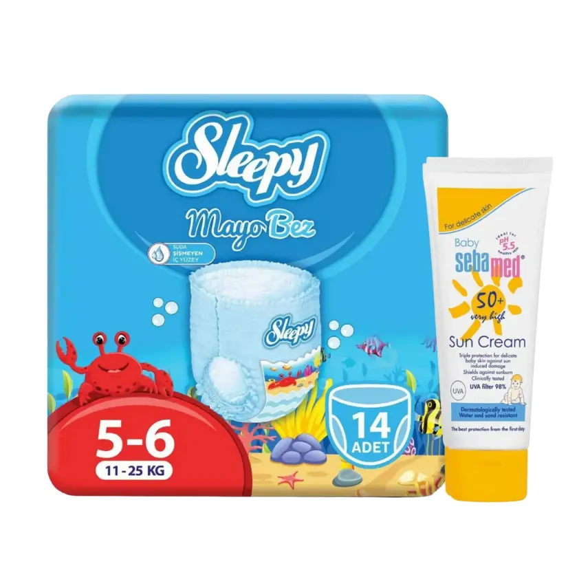 Sleepy 6 Beden Mayo Külot Bebek Bezi (11 - 25 kg) ve Sebamed 50 Faktör Bebek Güneş Kremi  75 ml - 1
