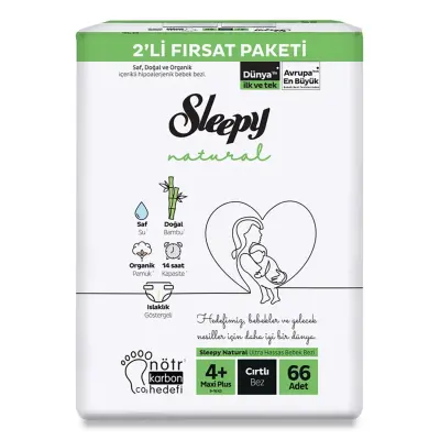 Sleepy Bebek Bezi Natural 4+ Beden Maxi Plus 9-16 Kg 66lı Fırsat Paket 