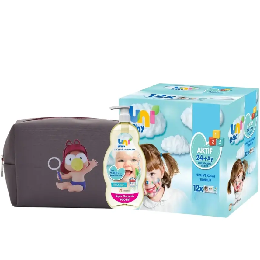 Unibaby Çantalı Set (Antrasit) Uni Baby Islak Mendil + Uni Baby Bebek Şampuanı+ Çanta Hediyeli - 1