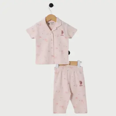 U.S. Polo Kısa Kollu Düğmeli Kız Bebek Pijama Takımı Toz Pembe