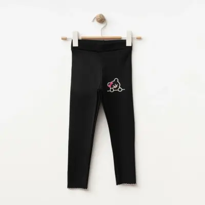Winimo Ayıcık Nakışlı Fitilli Kız Çocuk Tayt  Siyah