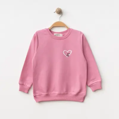 Winimo Kız Çocuk Sweatshirt Kalpli Kedi Baskılı  Pembe