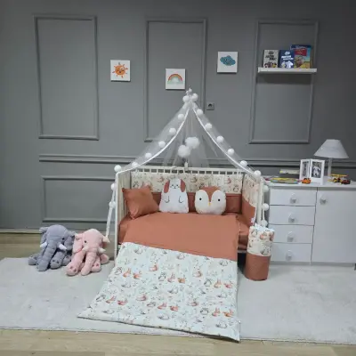 Yuar Baby Yan Duvarlı Beşik Uyku Seti Somon Sincap