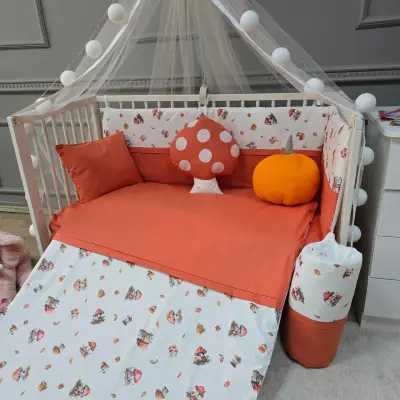 Yuar Baby Yan Duvarlı Beşik Uyku Seti Turuncu Mantar - 3