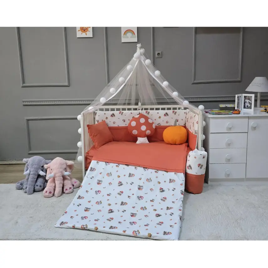 Yuar Baby Yan Duvarlı Beşik Uyku Seti Turuncu Mantar - 5